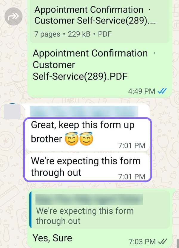 WhatsApp chat: partner agent replies “Great, keep this form up brother” after receiving an appointment confirmation