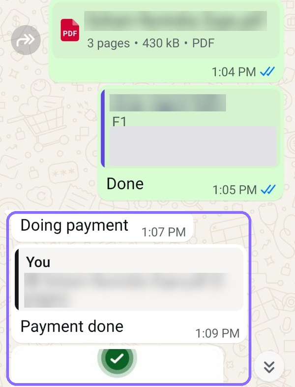 WhatsApp chat: confirmation PDF sent, followed by “Doing payment”, “Payment done” and a payment success receipt