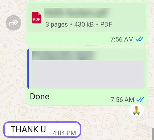 WhatsApp chat: appointment confirmation PDF sent and marked done; the agent replies with folded hands and “THANK U”