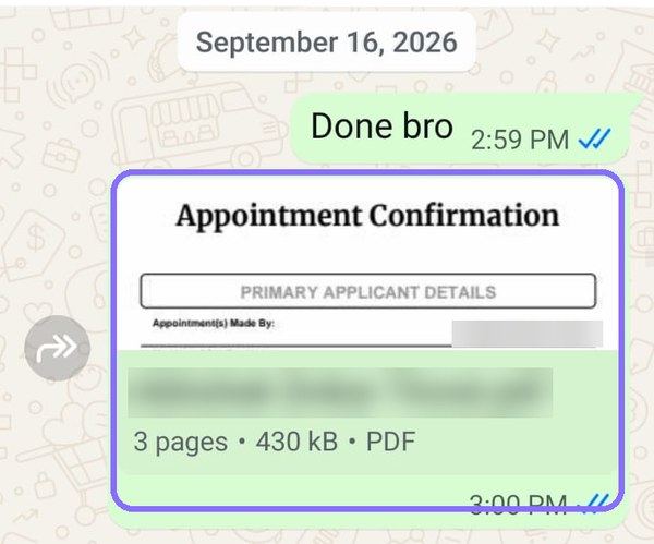 WhatsApp chat: “Done bro” followed by an appointment confirmation PDF